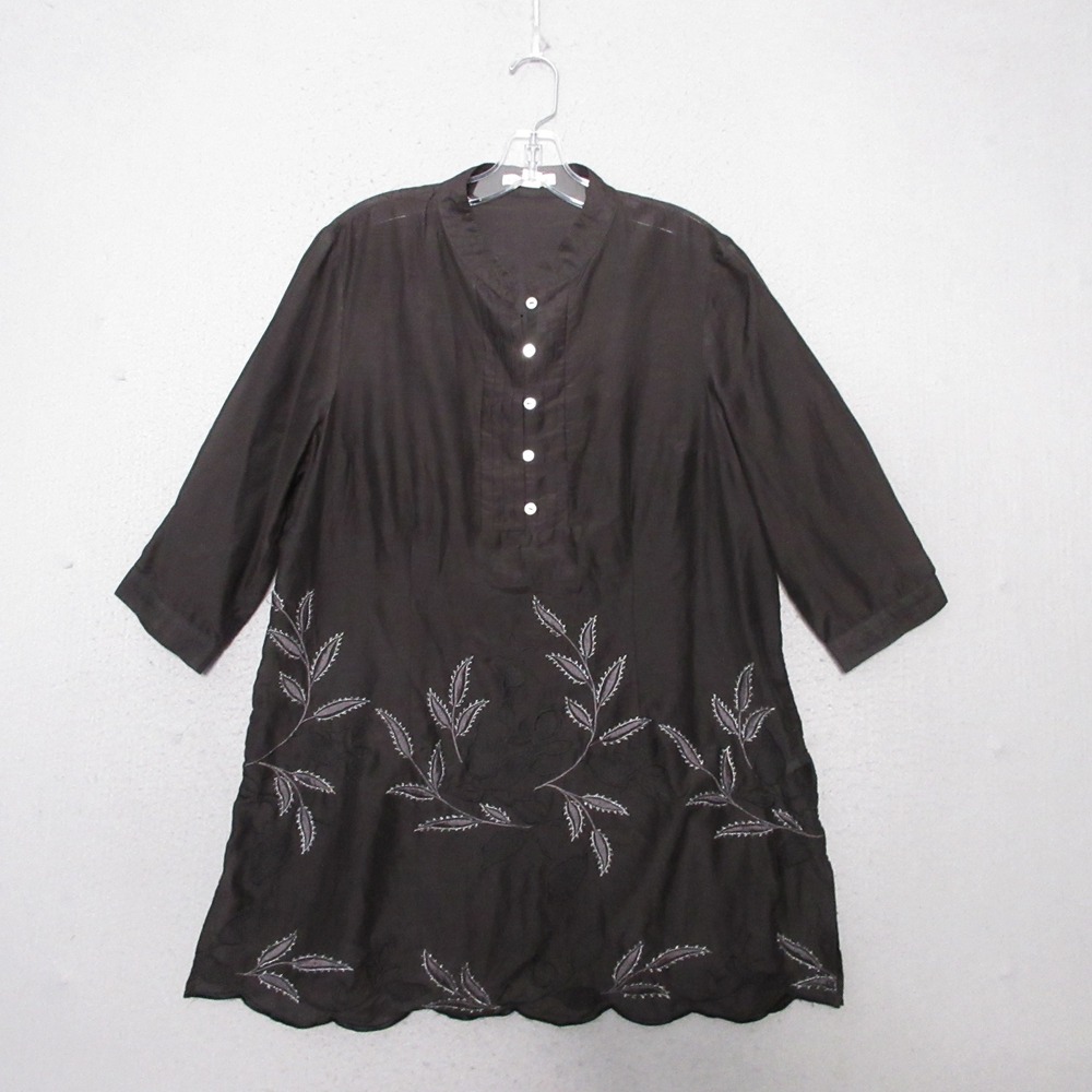 Coldwater Creek‎ Tunic Top PL Black Floral Silk Cotton Embroidered Scallop Airy